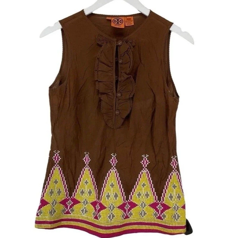 Tory Burch Tunic Top Size 10 Brown Yellow Embellished Ruffle Silk Boho V-Neck